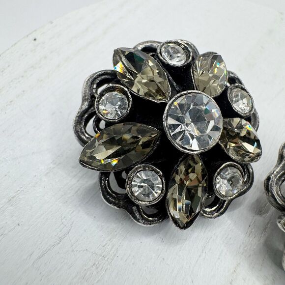 Tanner Signed Vintage Clip On Earrings rhinestone Flower Marquis Stone Earrings - Picture 8 of 11